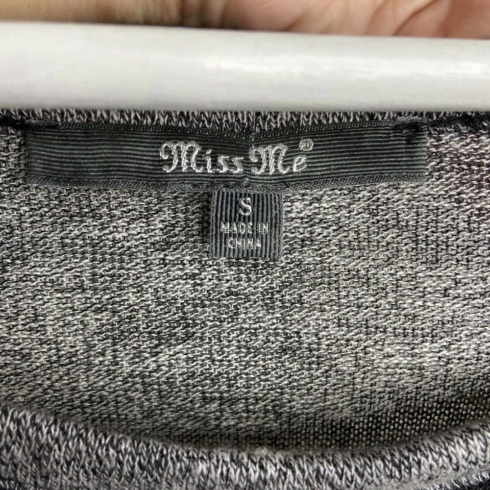 Miss Me Gray Rhinestone Embellished Sequin Beaded Trim Mixed Knit Sweater Sz S